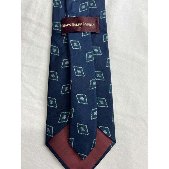 Vintage Chaps Ralph Lauren Men Tie USA Made 100% Silk Geo Wide 3.75" 90s Navy E1 - Picture 7 of 9